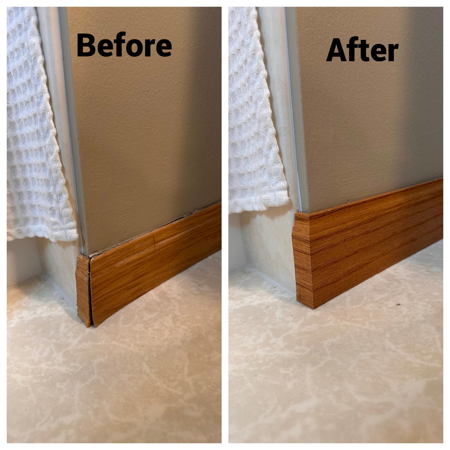 Before and after baseboard work by Bond Trim LLC